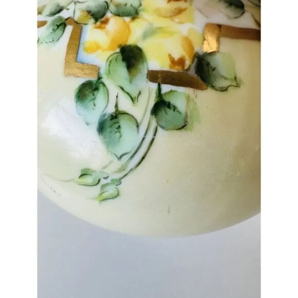 Vintage Hand Painted Yellow Flowers Vase Green & Gold‎ Accents 4.5
